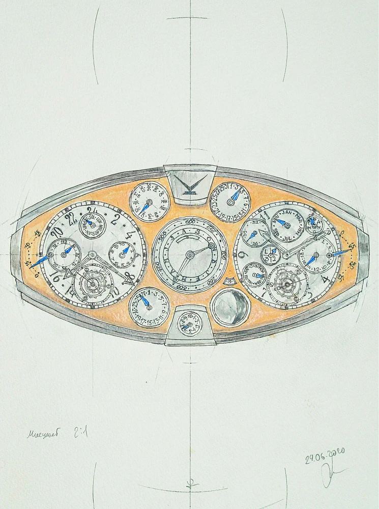 Sketch of the “Magnum Opus Mars Traveller Watch” (front side)